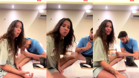 1cook1barmaid onlyfans videosunda sevgilisiyle yatakta sohbet edip gülüyor